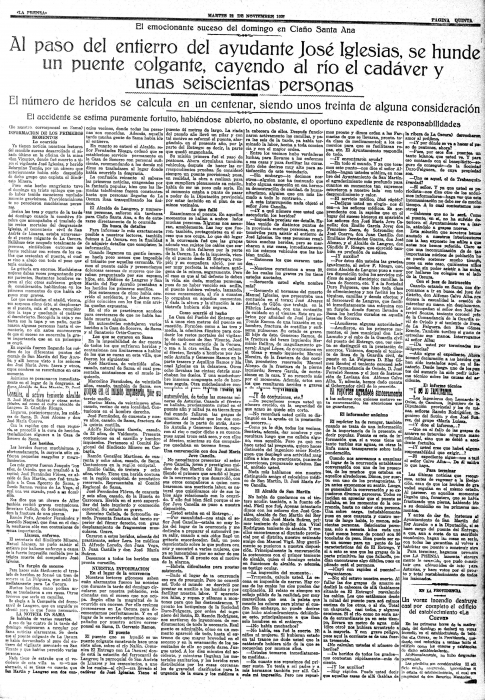 La Prensa, 22 de noviembre de 1927. Hundimiento del Puente de La Oscura